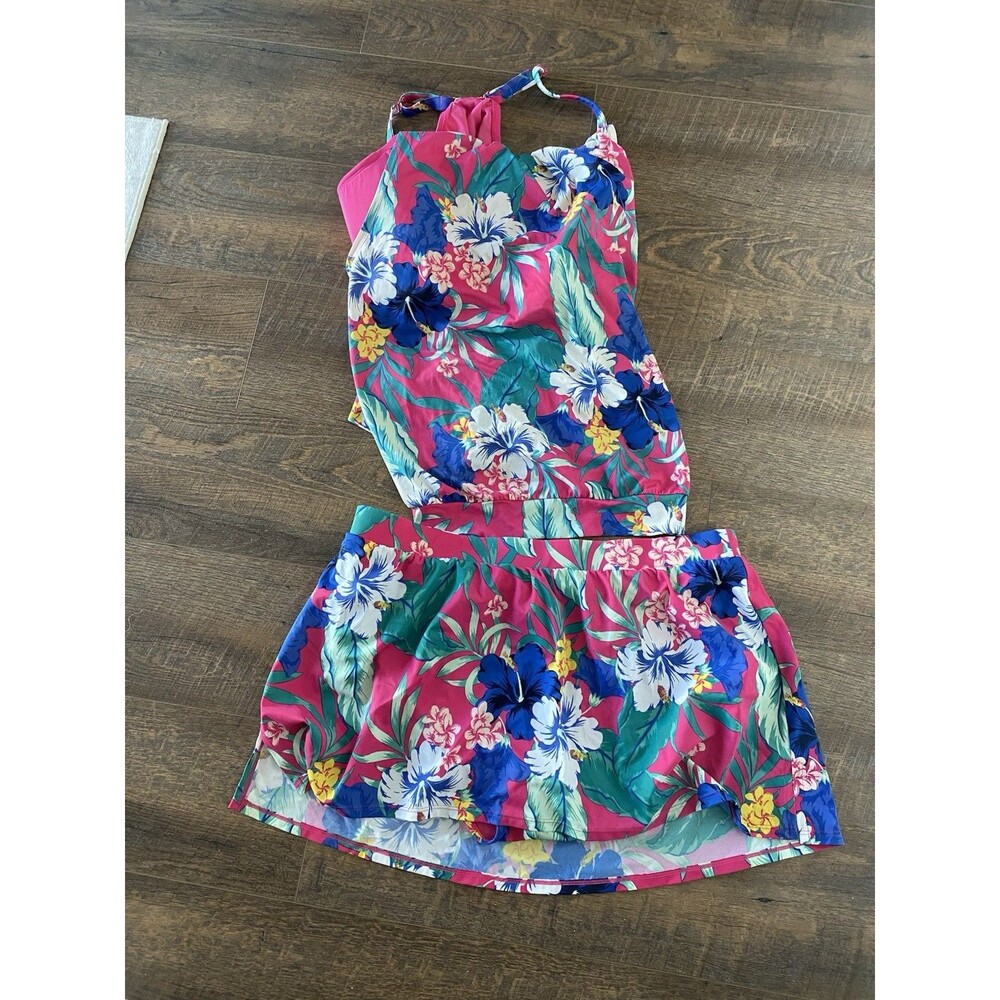 Cacique Swim Tankini Blouson Skirt Pink Floral Tropical Open Sides Sz 20 Set